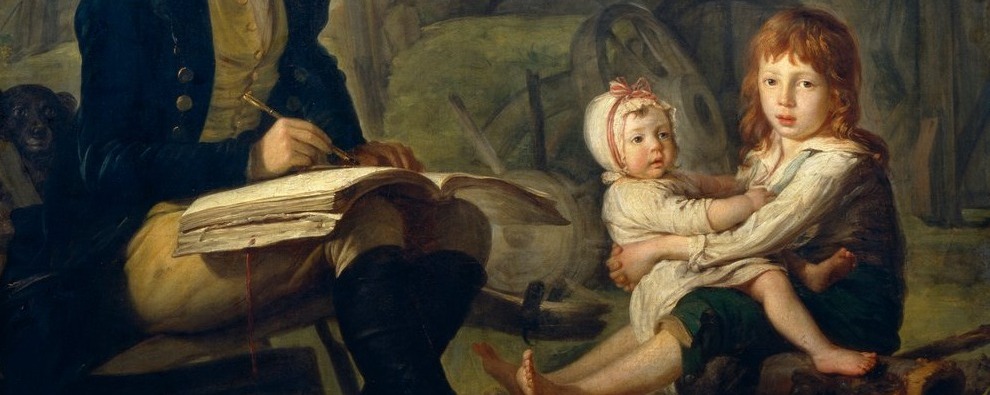 Detail from Martin Ferdinand Quadal's painting illustrating Goethe's Leiden des jungen Werthers: Werther's sketchbook and drawing hand visible at left, with two peasant children — a bonneted toddler held by an older red-haired child — seated on a log at right, the wagon wheel of a peasant cart behind them.