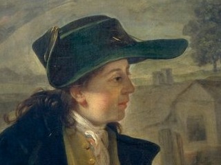 Detail of Werther's head from Quadal's painting: a young man in a green tricorne hat, looking to the right.